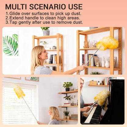 Cedenoo Lambswool Duster Extendable 22–55 Inch Natural Wool Duster with Flexible Head for Ceilings Furniture Blinds Electronics Washable Reusable - color: Yellow