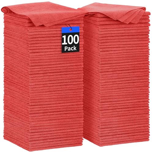 Shop Towels Rags, 100 Pack Microfiber Cleaning Cloth Bulk Absorbent Detailing Rags, Lint-Free Microfiber Towels for Cars, Mechanic, Shop, Garage & Housekeeping 11.5"*11.5" Red - color: Red, style: 100 Pack