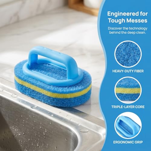 Multifunctional Cleaning Brush with Handle, Thick Sponge Scrubber for Kitchen, Bathroom, Bathtub, Sink & Floor, 1 Pack (Blue) - color: Blue