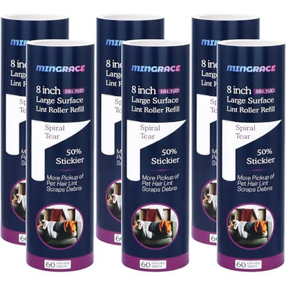 8 inch Large Surface Lint Roller Refills for Scotch-Brite 50% Stickier Large Lint Roller, Works Great On Pet Hair, 60 Sheets per Refill, Pack of 6, 360 Sheets Total - size: 8 inch