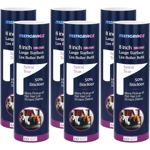 8 inch Large Surface Lint Roller Refills for Scotch-Brite 50% Stickier Large Lint Roller, Works Great On Pet Hair, 60 Sheets per Refill, Pack of 6, 360 Sheets Total - size: 8 inch