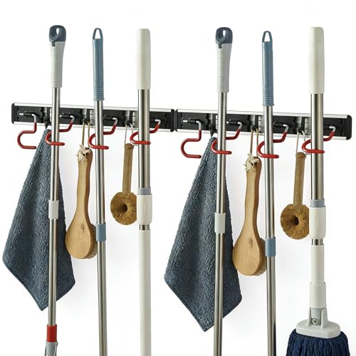 Wall Mounted Mop and Broom Holder, Stainless Steel, Red Black, 34 Inches, 8 Position Rack with 6 Hooks, S Type Organizer - size: 34inch
