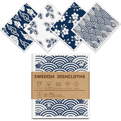 Swedish Dishcloths for Kitchen - 4 Pack Japanese Pattern Reusable Paper Towels, Non-Scratch Cellulose Cloths, No Odor, Biodegradable Cleaning Cloths - color: Japanese
