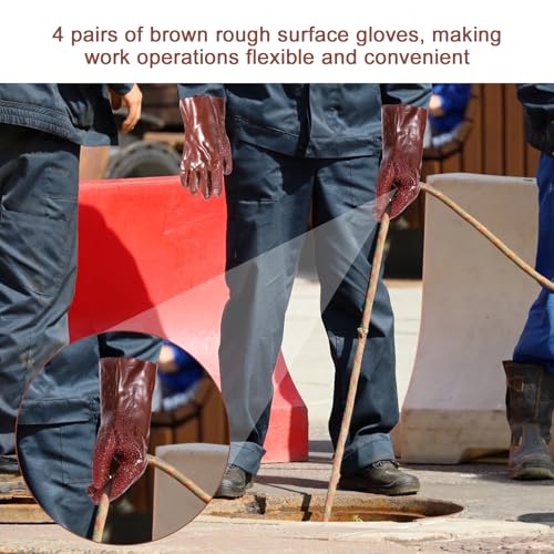 XIHIRCD 4 Pairs Sewer Gloves, Anti-Slip PVC Plumbing Gloves Abrasion Resistant Snake Gloves Waterproof Drain Cleaning Gloves for Women Men Plumber Accessories (Brown)