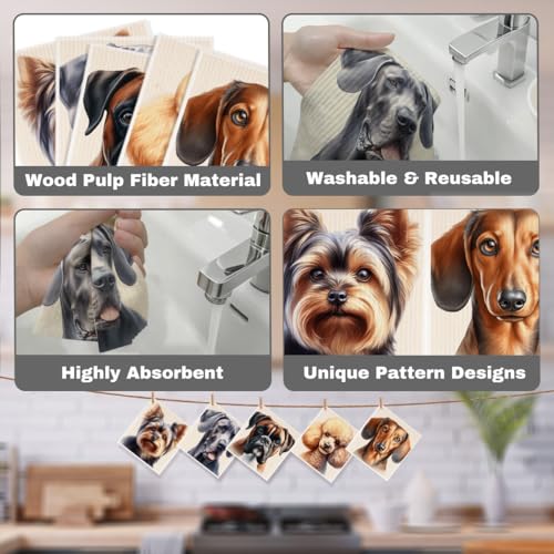 5 Pcs Cute Doggy Swedish Dishcloths, Boxer & Poodle Swedish Dishcloth, Dachshund Dish Cloths for Drying Dishes, Reusable Cleaning Cloths, Dog Lover Gifts for Women - color: Lm 03430