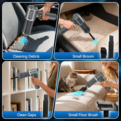 WUDOO 4-in-1 Car Vacuum Cleaner Portable Cordless Dust Remover 20,000 Pa Brushless Motor Powerful Handheld Wireless Charging Vacuum Cleaner LED Light, Multi-Nozzles for Car, Home, Office, Pet