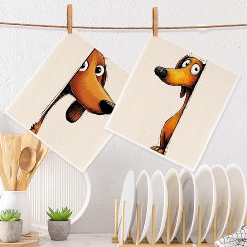 2 Pcs Cartoon Peeking Dachshund Dog Swedish Dishcloths for Kitchen, Absorbent Reusable Paper Towels, Cute Puppy Geometry Kitchen Towels for Bathroom Home, Dog Lover Gifts for Women 1 - color: Sz 0753