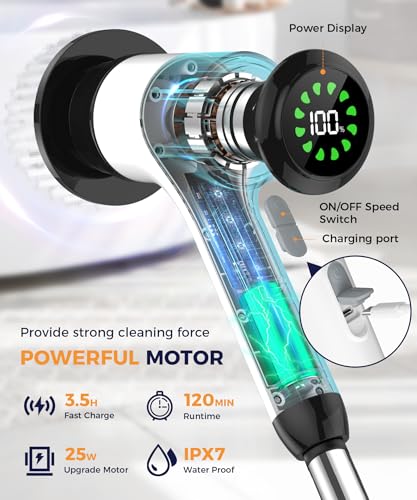 Electric Spin Scrubber, Cordless Bathroom Scrubber with 7 Brush Heads, Adjustable Long Handle Shower Scrubber for Tile Grout, Kitchen Sink, Tub, Floor, Car Wheel, White-te1 - size: 7heads