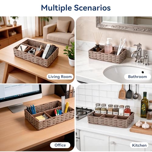 Whitmor 4-Compartment Woven Storage Basket with Dividers, Divided Makeup Organizer and Drawer Split Rattique Bin for Bathroom Countertop, Vanity, Office Desk, 11.8x7.9x2.8 Inches, Light Brown