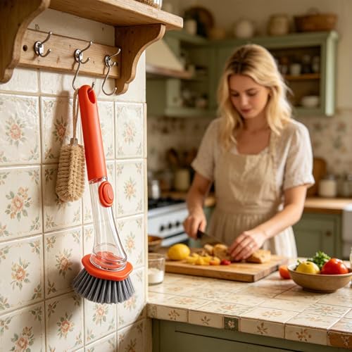 Dish Scrubber with Soap Dispenser | Ergonomic Cleaner Scrubber with Handle,Dish Cleaning Brush - for Pots Stoves Pans Kitchen Home Dorm Appliances Dishwashing - color: Orange