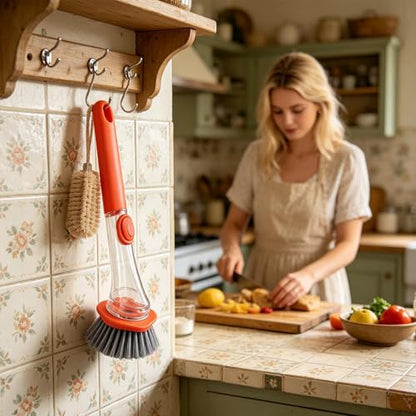 Dish Scrubber with Soap Dispenser | Ergonomic Cleaner Scrubber with Handle,Dish Cleaning Brush - for Pots Stoves Pans Kitchen Home Dorm Appliances Dishwashing - color: Orange