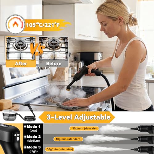 2500W Portable Handheld Steam Cleaner, 54oz Large Water Tank, 3-Level Adjustable Handle, 15s Fast Heating Steam Steamer with 20 Pcs Accessories, Plug-and-Play Design for Home Kitchen Car Cleaning