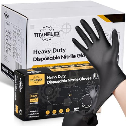 TitanFlex Heavy Duty Black Nitrile Gloves, 6 Mil, Fully Textured, Mechanic Disposable Gloves, Latex Free, Powder Free - color: 07 Black (M, 1000ct)