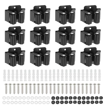 PATIKIL Broom and Mop Holder, 12 Pack Wall Mounted Stainless Steel Mop Hanger Heavy Garden Tool Organizer Rack Hanging Clips with Screws for Home Garage, All Black - color: All Black