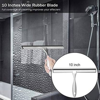 Shower Squeegee with Self Adhesive Hook, 10 Inches Stainless Steel Squeegee Cleaner, All-Purpose Window Scraper for Bathroom Doors, Mirror, Windows and Car Glass (10 Inch, Silver)