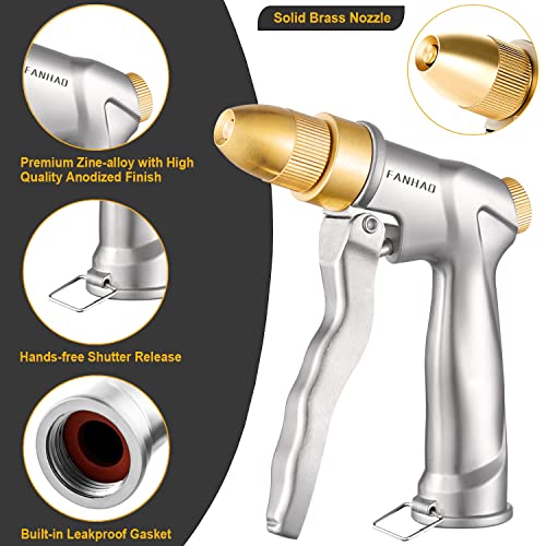 FANHAO Garden Hose Nozzle with Brass Tip, 100% Heavy Duty Metal Spray Nozzle High Pressure Water Nozzle with Adjustable Spray Patterns for Watering Plants, Washing Cars and Showering Pets - color: Silver