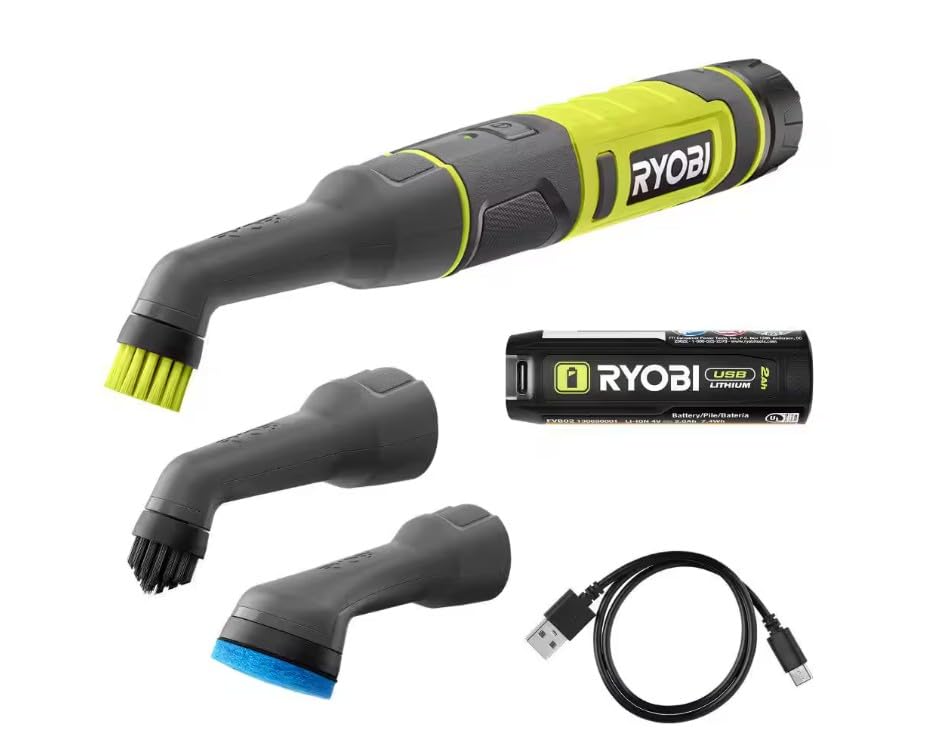 RYOBI USB Lithium Cordless Compact Detail Scrubber KIT W/ 2AH Battery, Charging Cable and 3