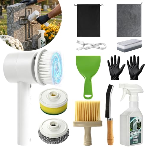 FUHSY 12-in-1 Electric Headstone Cleaning Kit, Multipurpose Gravestone Cleaner Set for Granite Stone Tombstones Includes Electric Brush,Crevice Brushes,Scraper,Sponge,Gloves, Cleaning Solution