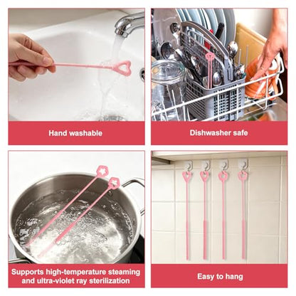 Penitue 4pcs Silicone Straw Cleaner Brush, 6mm/0.24in + 9mm/0.35in Reusable Extra-Long Cleaning Brush for 8mm/0.31in and 10mm/0.39in Metal & Glass Drinking Straws Dishwasher Safe (Pink, Star & Heart)