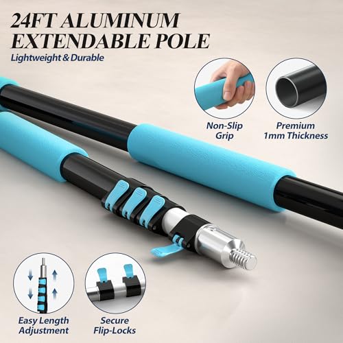 COVERONICS 25FT High Duster Cleaning Tools with 5-20FT Extension Poles - Reusable Fan Duster Cleaning Kits with Ceiling Fan Cleaner Duster, Window Squeegee, Microfiber Feather Duster & Cobweb Duster - size: 24FT
