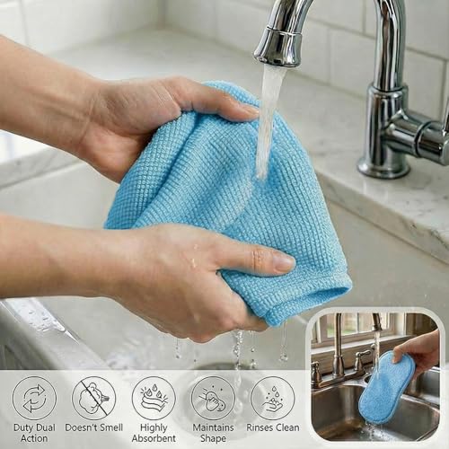 6Pcs Microfiber Cleaning Cloths & Sponges Set - 3Pcs Absorbent Towels + 3Pcs Dual-Sided Scrub Sponges - for Kitchen, Car, Bathroom, Dishes and Hard Surfaces(Blue) - color: Blue