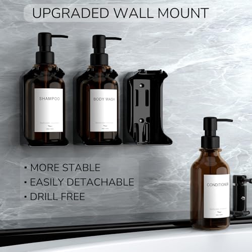 Modern Shampoo and Conditioner Dispenser - Shower Soap Dispenser Wall Mounted - 3-Pack 16 oz Plastic Amber Bottles with Black Pumps - Stylish Shampoo Dispenser, Shower Dispenser 3 Chamber No Drill - color: Amber