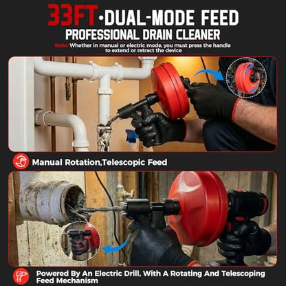 KELIN 6 in 1 Drain Auger Kit, Dual-Mode 33FT Plumbing Snake with Drill Adapter, Manual or Powered, Includes Hair Remover, Claw Tool, Brush, Gloves & Bag for Kitchen Bathroom Sink