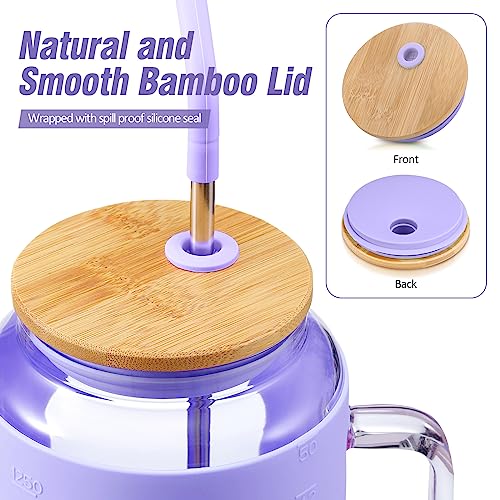 WINSA 50 oz Glass Water Bottles with Silicone Sleeve,Glass Tumbler with Lid and Straw,Iced Coffee Cup with Handle,BPA Free-Purple - color: Purple