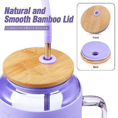 WINSA 50 oz Glass Water Bottles with Silicone Sleeve,Glass Tumbler with Lid and Straw,Iced Coffee Cup with Handle,BPA Free-Purple - color: Purple