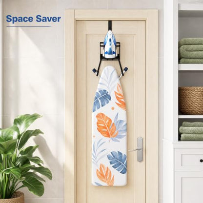ORLESS Ironing Board Hanger Over Door & Wall Mount, Black | 2 in 1 Heavy Duty Iron Board Holder with Storage Basket, Fits T/Y Boards, Laundry Room Space Saver - color: Black Iron Black Wood