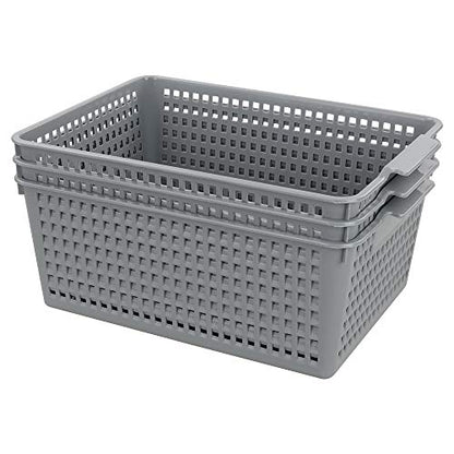 3-pack Large Plastic Storage Basket Bins, Grey Baskets for Organizing - color: Grey