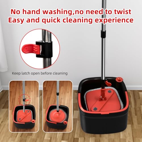 Spin Mop and Bucket Set with Separation Dirty and Clean Water System, Self Wringing 360° Rotating Clean Mop-Head and Bucket Set for Hardwood Tile Marble Floor with 6pc Replaceable Mop Pads - size: Black+Red Mop Set with 6 Pads