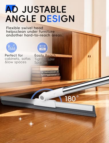 Floor Squeegee Broom with Long Handle, Heavy Duty Rubber Squeegee Kit, Scrubber for Tile Floor, Garage, Concrete with 2 Long Handles, 2 Squeegee Heads & 1 Cloth (Textured Blade 2-Pack)
