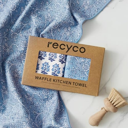 RECYCO Waffle Kitchen Towel Set of 2 - Quick Dry Microfiber Sustainable Dish Towels - Ultra Absorbent Reusable Cleaning Tea Towels - Lightweight Hand Towels,16”x 28”, Porcelain Blue - color: Porcelain Blue