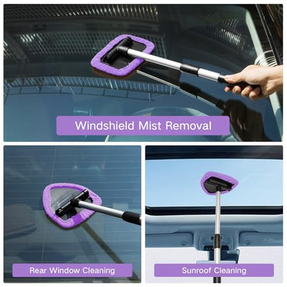 Qydipclin 10pcs Windshield Cleaner Tool, Car Window Cleaning Wash Kit with 4 Reusable Microfiber Pads 1 Spray Bottle and Extendable Handle Auto Glass Wiper Kit, Purple - color: Purple