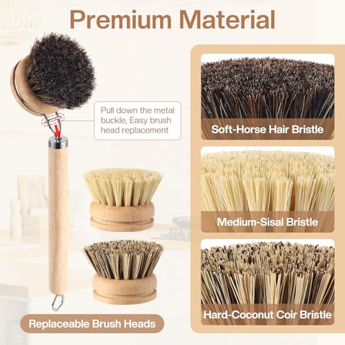 5 Pcs Bamboo Wood Dish Brush Set Includes 1 Wooden Handle with 3 Natural Replaceable Bristle Heads and 1 Handheld Bamboo Wok Brush Scrubber for Dishes Pans Pots Fruit and Veggie Washing(Style A)
