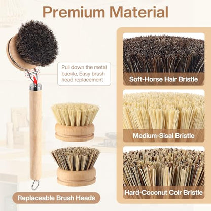 5 Pcs Bamboo Wood Dish Brush Set Includes 1 Wooden Handle with 3 Natural Replaceable Bristle Heads and 1 Handheld Bamboo Wok Brush Scrubber for Dishes Pans Pots Fruit and Veggie Washing(Style A)