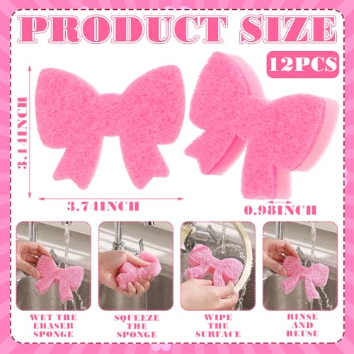 Tioncy 12 Pack Pink Bow Sponges Bulk Preppy Dual Sided Scrubber Stylish Pink Bow Sponges Reuseble Non Scratch Dishwashing Kitchen Cleaning Accessories for Cookware Pot Boiler Pan Household - style: Stylish Bow