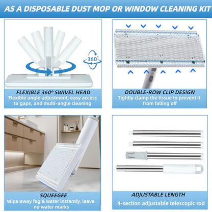 4 in 1 Disposable Dust Mop with Squeegee & Floor Scrub Brush with Long Handle, 2 Shiny Towels Wipes Cleaning Cloths, 2 Crevice Brush, Snap Grip Mini Mop for Windows Car Glass Floor Shower Bathroom