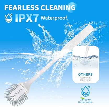 Electric Toilet Brush with Holder, Ultra Quiet & Powerful Scrubbing, IPX7 Waterproof Self-Cleaning Brush for Toilet/Bathtub/Grout, Cordless Spin Scrubber with 320RPM Turbo Power - White