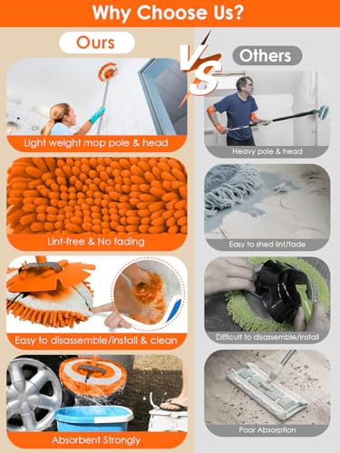 2 in 1 Lightweight Wall Cleaner Mop with Long Handle 75" 190cm Lint-Free Chenille Duster Mop for Kitchen Baseboard Floor Ceiling Glass Window Roof Adjustable Cleaning Brush Tool, 2 Replacement Heads - color: Orange