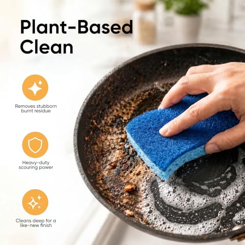 Non-Scratch Cellulose Sponge Kitchen Scrub Sponge with Scouring Pad Set, Good for Non-Stick Cookware Frying Pan, Pot, Counter Top, Sink Scrubbing, Kitchen Scrubbers, Pack of 2, (Blue) - color: Blue, size: 2-pack
