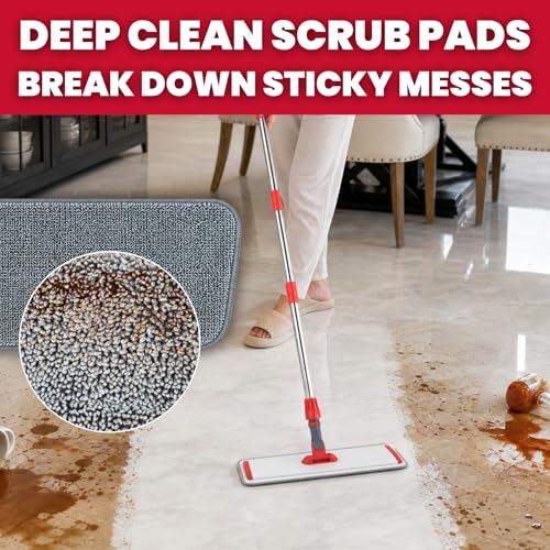 Aluminum Alloy Flat Mop System for Floor Cleaning, 62" Stainless Steel Handle, 4 Reusable Machine Washable Mop Pads for Wet & Dry Mopping on Hardwood, Laminate, Vinyl & Tile Floors