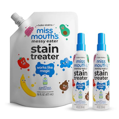 Miss Mouth’s Messy Eater Stain Treater Refill Ready Kit - 2 Pack Stain Remover Spray and 16oz Refill Pouch - Newborn & Baby Essentials - Food, Grease, Coffee Off Laundry, Underwear, Fabric - style: 2 Pack + Refill