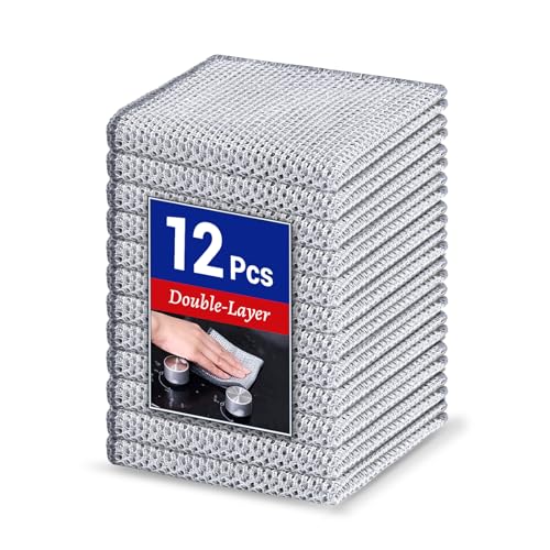 Wangjinpeng 12PCS Non-Scratch Multipurpose Steel Wire Dishcloths - Reusable Quick-Dry Odor-Free Scrub Cloths for Dishes, Kitchen Cleaning Cloths for Cookware, Sinks, Stove Tops(9.84X9.84) - color: 12pcs Double Layer Large Size Silver, size: 9.84x9.84-12pc