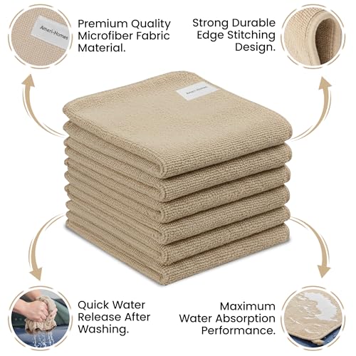 Ameri-Homes Microfiber Cleaning Cloths 12 x 12 Inches, 400 GSM Ultra Soft, Lint-Free & Scratch-Free, Highly Absorbent Towels for Car, Kitchen, Glass & Home Cleaning, Pack of 6 (Light Brown) - color: Light Brown
