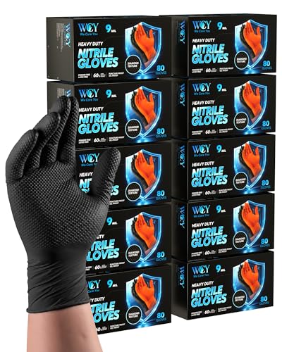wcy 9mil Heavy Duty Disposable Nitrile Gloves, Black Large 800Pcs -Chemical Resistant, Latex & Powder Free Rubber Gloves Diamond Texture for Automotive, Mechanics, Cooking,BBQ, Industrial Use - color: Black-800, size: Large