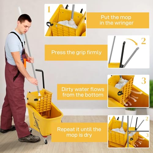 38 Quart Mop Bucket with Down Press Wringer on Wheels, Rolling Floor Cleaning Bucket with Handle, Commercial Cleaning System (Yellow) (Yellow) - color: Yellow