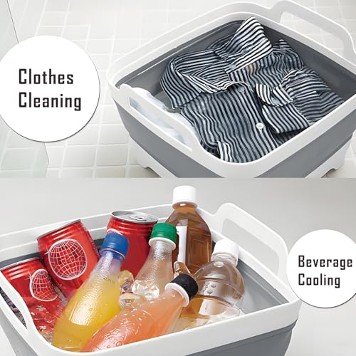 Collapsible Dish Basin with Drain Plug, 9L 2.4 Gallon Portable Wash Basin Dishpan Space Saving Dish Washing Tub Foldable Sink Tub Kitchen Storage Tray Grey