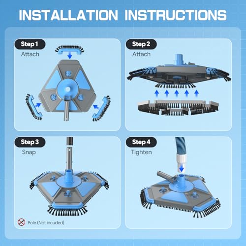 UIRWAY 3-in-1 Deluxe Swimming Pool Cleaning Kit - Includes Upgrade Heavy Duty Triangular Pool Vacuum Head, Detachable Brush, Deep Leaf Skimmer Net Inground & Above Ground Pools Cleaning(No Pole) - size: 13.5" Vacuum Head